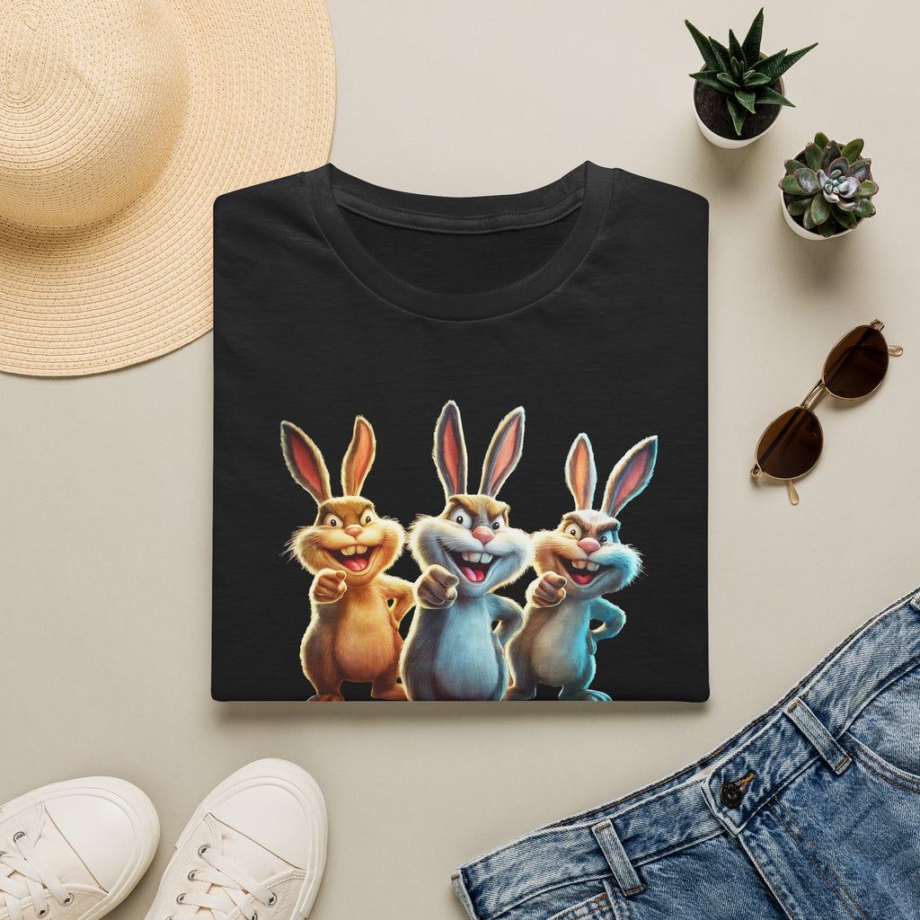 Funny Cartoon Bunnies T-Shirt — Three Playful Rabbits Graphic Tee