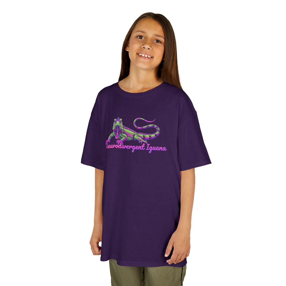 Kids Tee — Neon Green & Purple Iguana Graphic “Fluorescent Iguana”