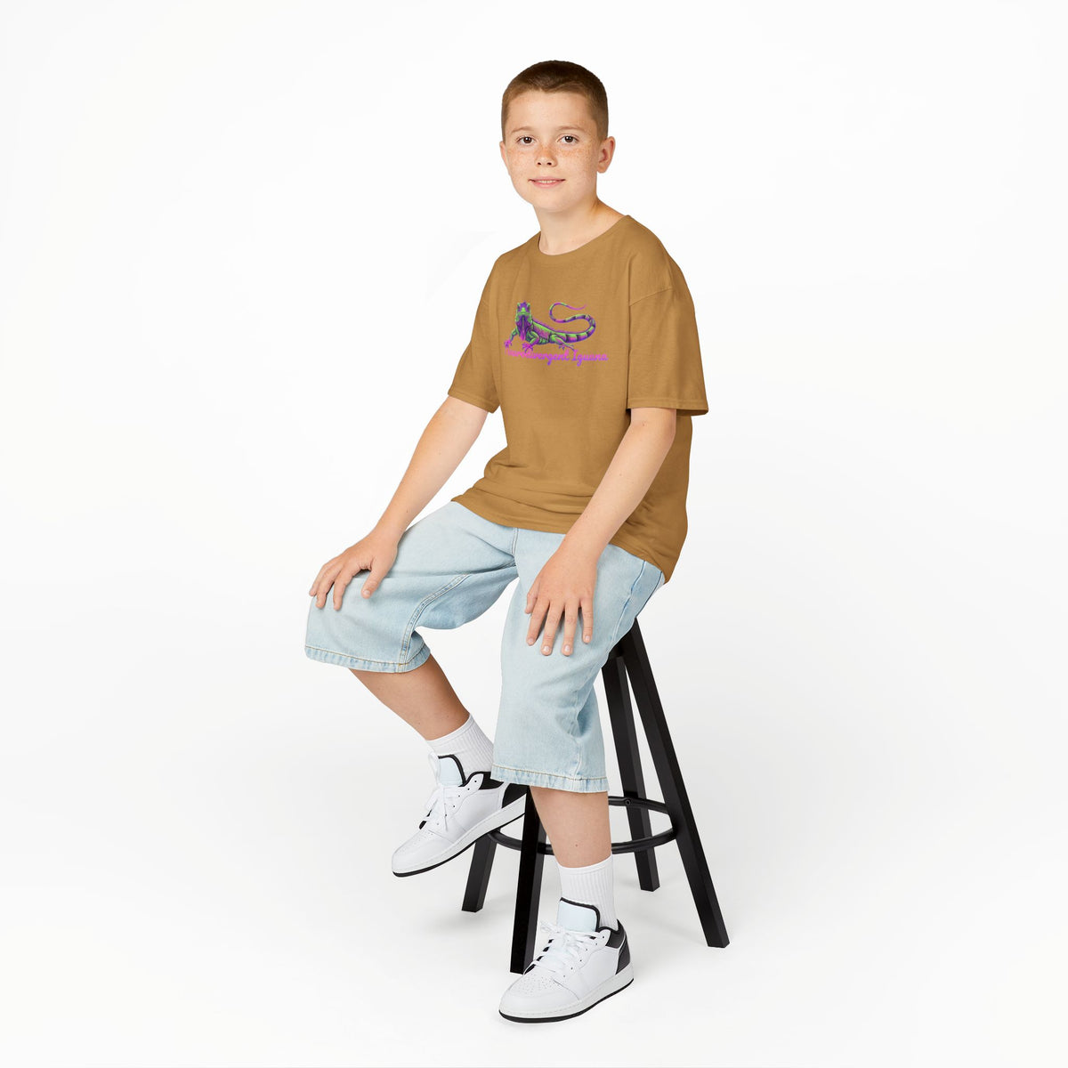 Kids Tee — Neon Green & Purple Iguana Graphic “Fluorescent Iguana”