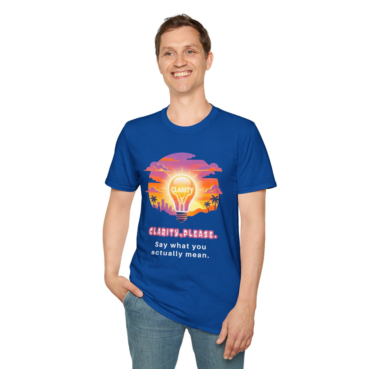 Clarity Please T-Shirt — Retro Sunset Lightbulb "Say What You Actually Mean" Graphic Tee