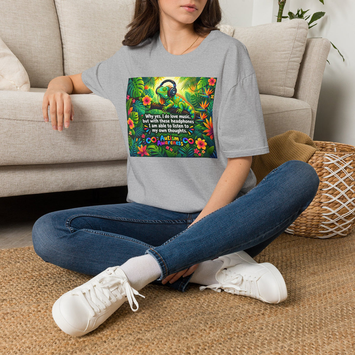 Autism Awareness T-Shirt — 'I Love Music, I Hear Headphones' Floral Design