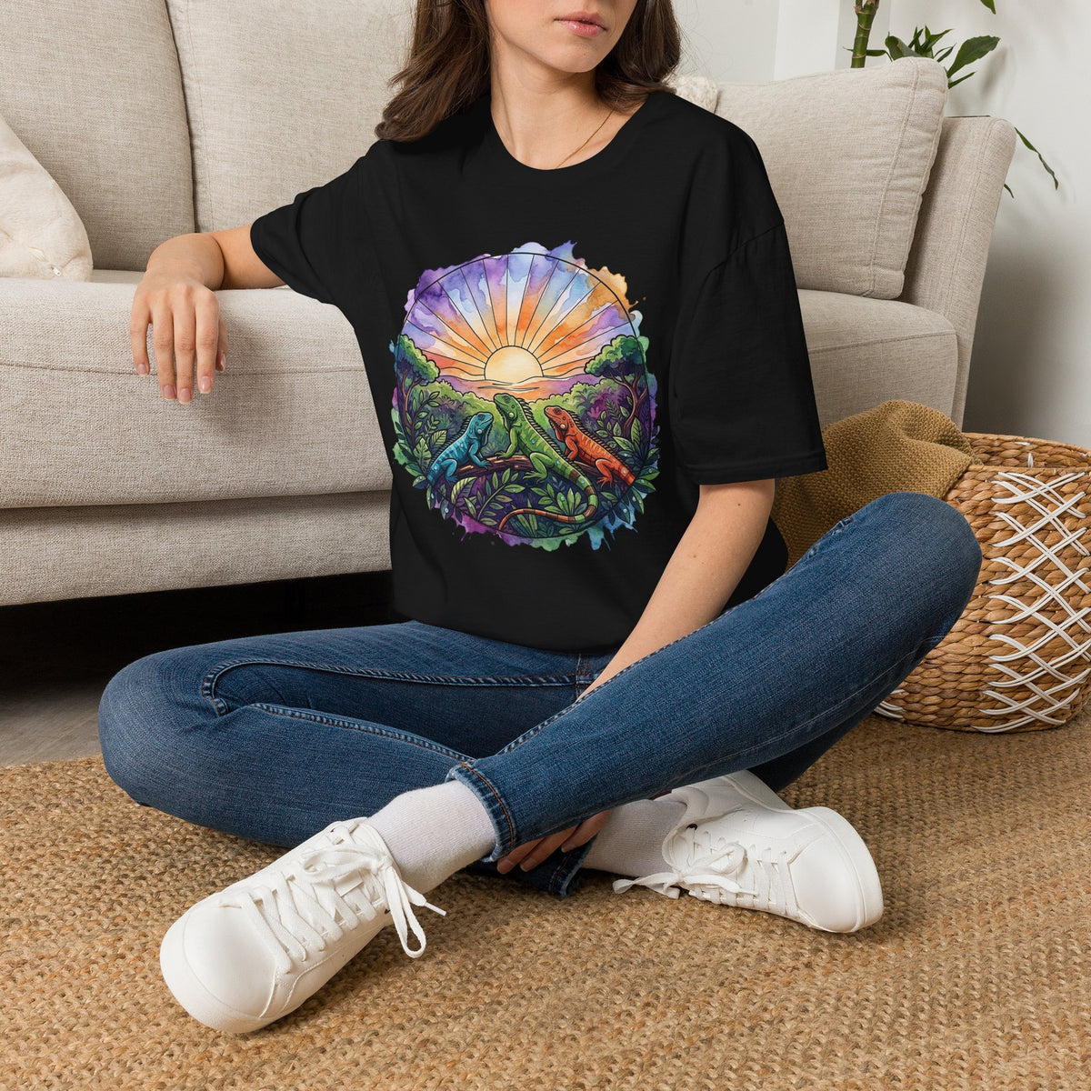 Sunrise Iguanas T-Shirt — Colorful Mountain Sunrise with Forest Trail