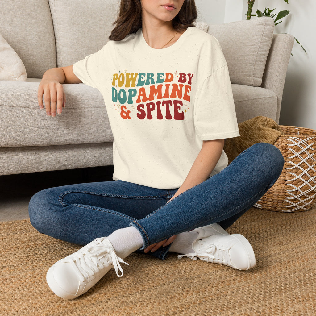 Graphic Tee — "Powered by Dopamine & Spite" Retro Colorful Quote Shirt