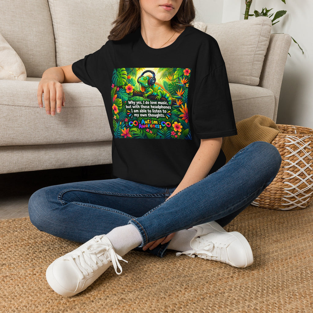 Autism Awareness T-Shirt — 'I Love Music, I Hear Headphones' Floral Design