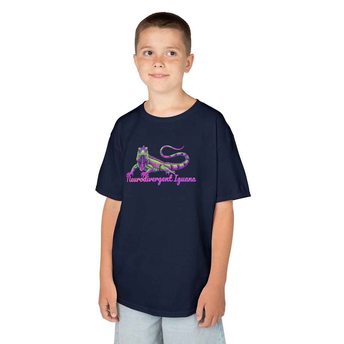 Kids Tee — Neon Green & Purple Iguana Graphic “Fluorescent Iguana”