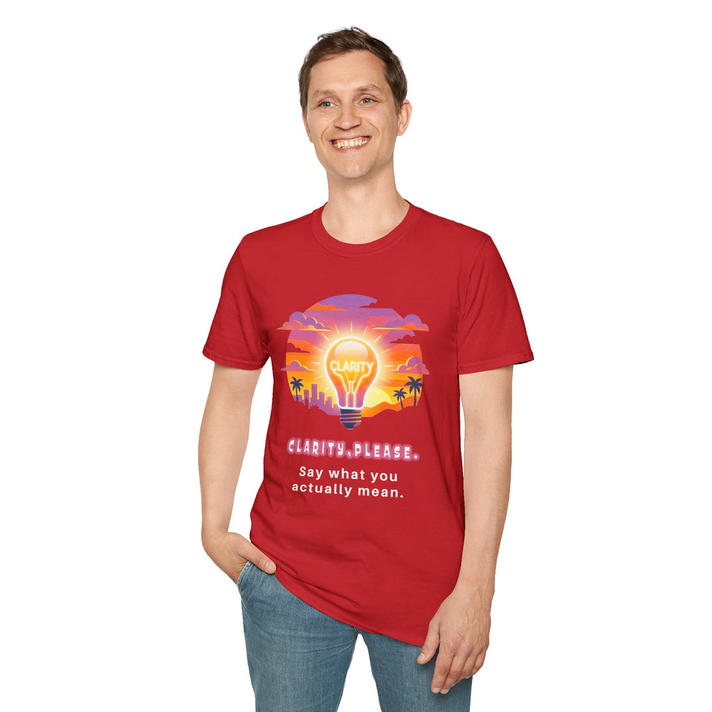 Clarity Please T-Shirt — Retro Sunset Lightbulb "Say What You Actually Mean" Graphic Tee