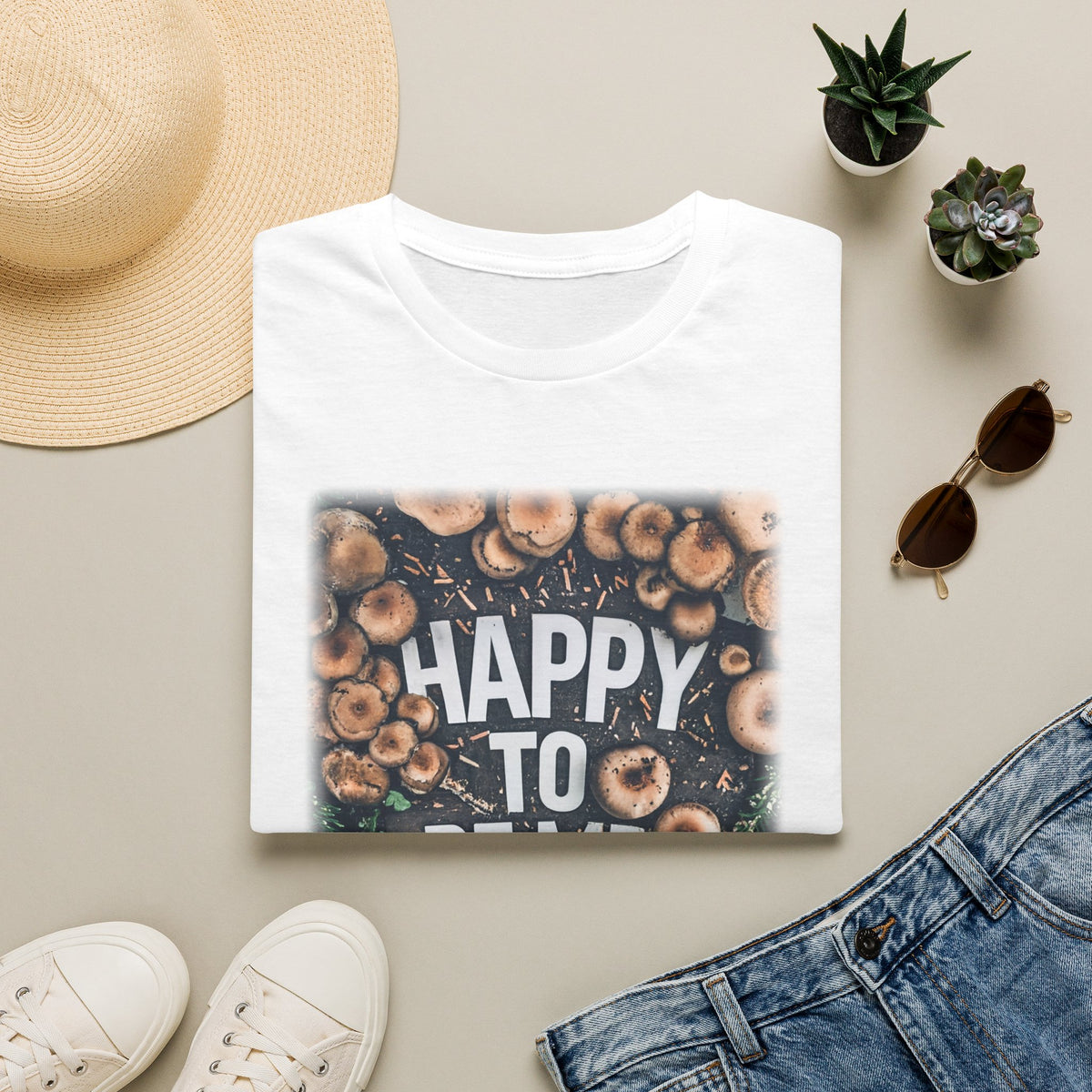 T-Shirt — "Happy To Be Me" Mushroom Garden Graphic Tee