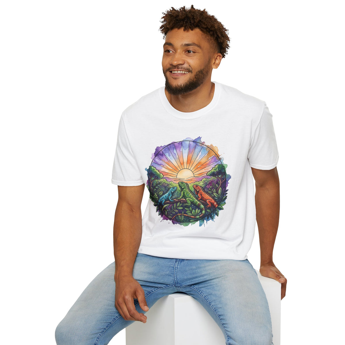 Sunrise Iguanas T-Shirt — Colorful Mountain Sunrise with Forest Trail
