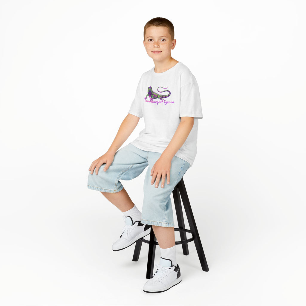 Kids Tee — Neon Green & Purple Iguana Graphic “Fluorescent Iguana”